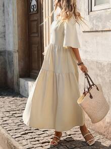 EMERY ROSE 女士纯色休闲宽松V领简约百搭长裙 - 米色 - 查看 3