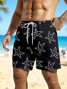 Manfinity Swimmode Men's Summer Vacation Style Starfish Print Drawstring Waist Slant Pocket Loose Beach Shorts - Black - View 3