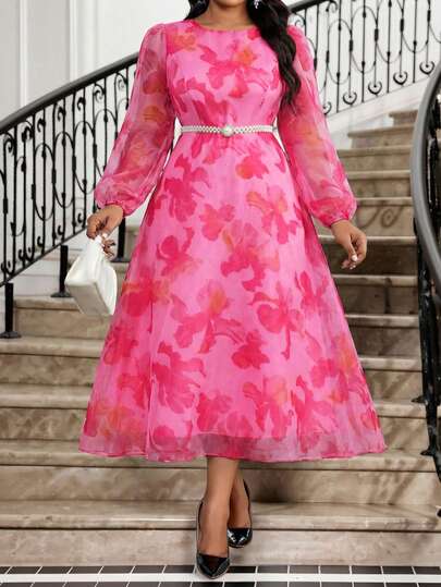 SHEIN Lady Spring, Summer, Autumn And Winter Plus Size Round Neck Long Puff Sleeve Waist A-Line Multi-Color Chiffon Perspective Flowing Hem Plus Size Dress Spring Outfit Women  Summer Dress Valentine's Day Beach Outfit  Going Out Outfits Vacation Outfits Women  Floral Dress