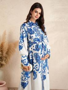 SHEIN Pregnant Women's Elegant Paisley Print Long Sleeve Dress - Blue - View 8