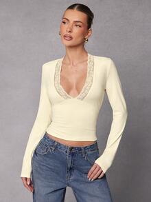 Hauture 办公室风格蕾丝边长袖针织上衣 - 黃色 - 查看 4