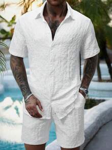 OTTIMOZO Bộ áo sơ mi nam tay ngắn dệt jacquard, cổ bẻ. - trắng - Xem 3