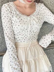 FRIFUL 女士撞色蕾丝碎花系带长袖T恤 - 白色 - 查看 4