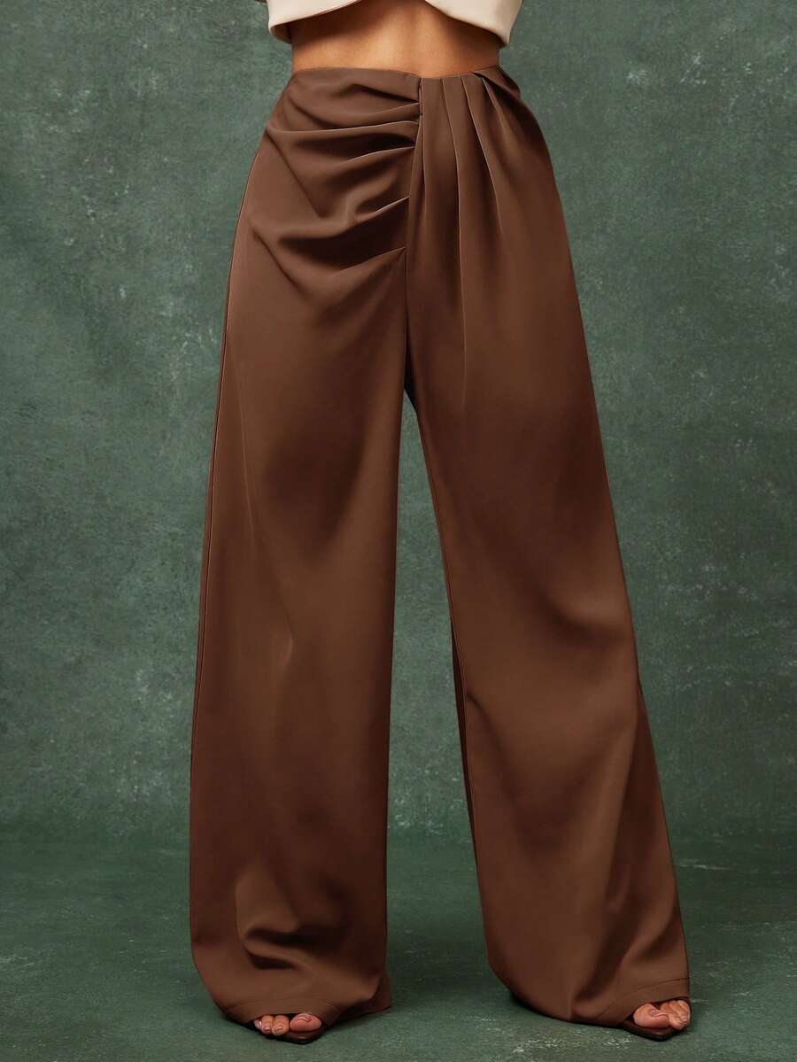 Vixey 女士纯色高腰褶裥优雅喇叭裤 - 棕色 - 查看 1