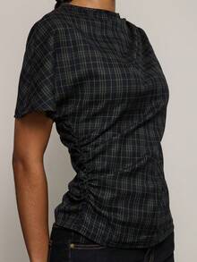 COUREZ Áo dệt kẻ caro tay ngắn bất đối xứng / Phong cách đường phố mùa xuân Y2K dễ thương, áo đi chơi thường ngày, áo dự tiệc, áo mùa hè - màu đen - Xem 6