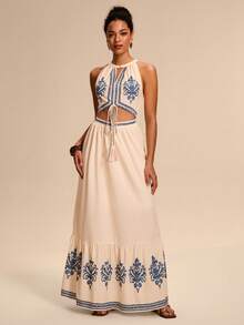 Breezaya 女士杏色底蓝色花卉印花圆领无袖收腰喇叭下摆流苏系带V领露腰休闲长裙，沙滩度假花卉图案，南非花卉图案 - 杏色 - 查看 6