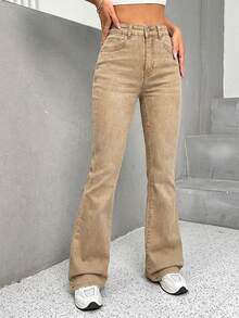 SHEIN PETITE Quần jean denim nữ ống loe cạp cao, kiểu dáng thường ngày, màu bạc. - Màu Khaki - Xem 4