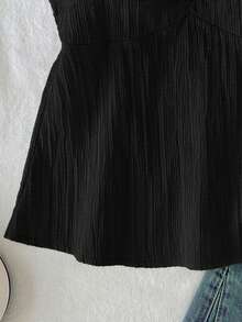 SHEIN Tween Girl Solid Color Button Design Sweetheart Collar Raglan Short Sleeve Shirt - Black - View 4