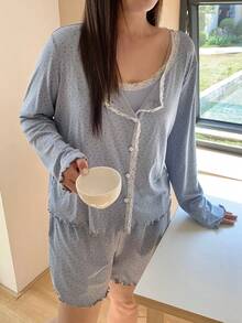 Dazy Plus 三件套：花卉撞色蕾丝开衫、长袖上衣和修身短款睡衣套装，优雅春夏睡衣 - 藍色 - 查看 1