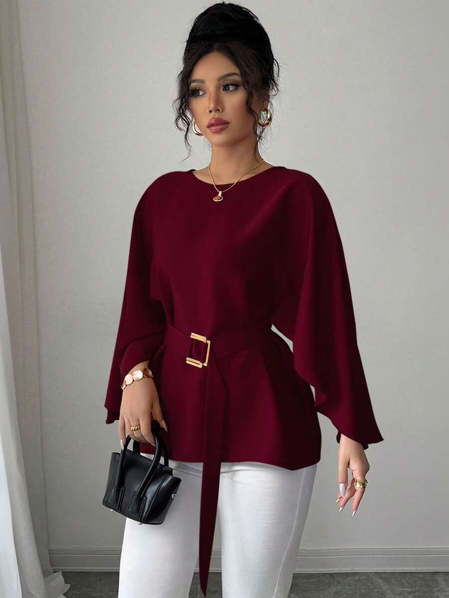 Selianne Women's French Style Round Neck Batwing Sleeve Waist Tie Shiny Red Blouse, Spring/Summer - Burgundy - View 1
