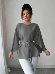 Selianne Women's French Style Round Neck Batwing Sleeve Waist Tie Shiny Red Blouse, Spring/Summer - Grey - View 5