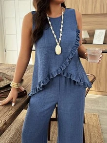 Weeklong Set de 2 piese pentru femei, mărime plus, cu top lejer, fără mâneci, cu pantaloni drepți și croială lungă, potrivit pentru vacanță și purtare zilnică, primăvară/vară - Dusty Blue - Vizualizare 5
