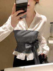 DAZY 女士二合一系带领长袖优雅正式衬衫，春秋季 - 白色 - 查看 7