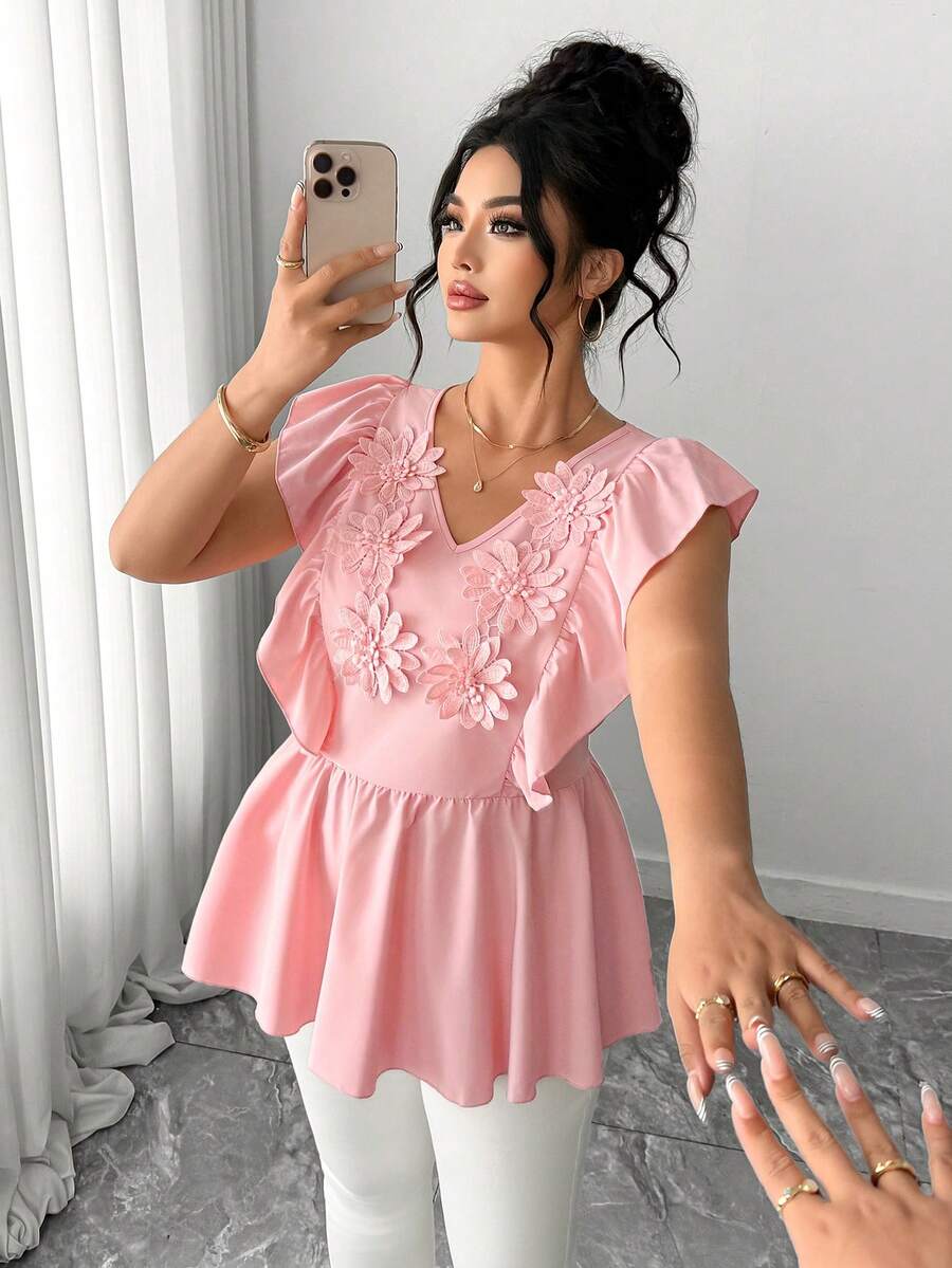 Elenzga 大码女式春夏印花V领收腰喇叭下摆休闲衬衫,优雅女式上衣,适合新年聚会、派对、度假、海滩、毕业典礼、节日、情人节、音乐节、母亲节、万圣节、感恩节、复活节、国庆节、舞会、约会、婚礼、郊游等场合。粉色女式衬衫,优雅粉色印花上衣,娃娃衫式上衣,粉色荷叶边上衣,女士粉色 - 粉色 - 查看 1