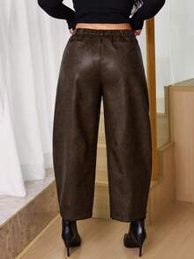 SHEIN Tall CURVE 大码女式时尚PU弯曲裤棕色皮裤女式皮裤，棕色裤子，休闲女式，优雅，毕业典礼 - 棕色 - 查看 2