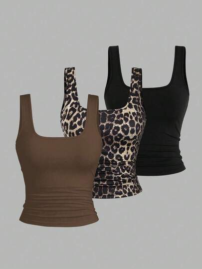 EMERY ROSE 大码女式休闲褶皱圆领吊带背心，时尚大码女式上衣，大码女式吊带背心三件套，夏季