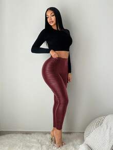 SHEIN SXY Solid Color Fitted Ruched Versatile Leather Street Leggings - Red - View 7