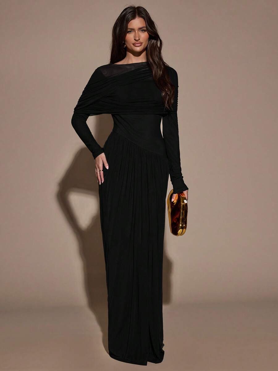 SHEIN BAE 女士优雅简约纯色船领修身连衣裙，春秋季 - 黑色 - 查看 1