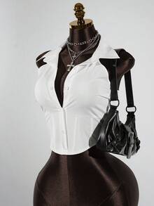 SaltGleam SaltGleam Áo sơ mi nữ không tay dáng ôm, màu trơn, cài một hàng cúc, kiểu dáng thường ngày. - trắng - Xem 1