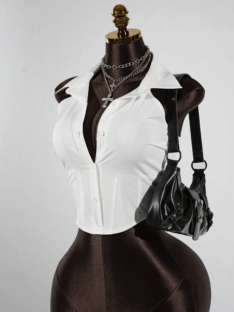 SaltGleam SaltGleam Áo sơ mi nữ không tay dáng ôm, màu trơn, cài một hàng cúc, kiểu dáng thường ngày. - trắng - Xem 1