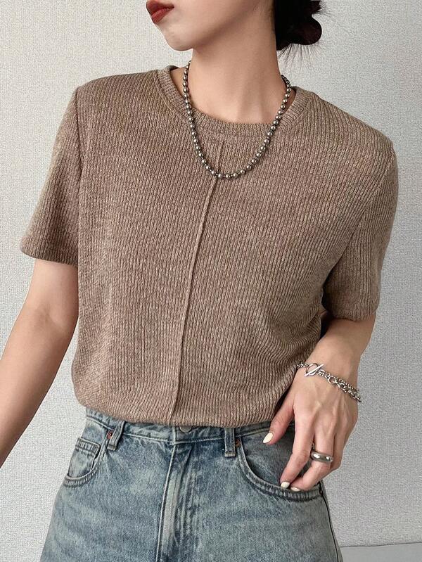 FRIFUL Tricou damă de primăvară/vară, culoare solidă, mânecă scurtă, guler rotund, material texturat, croială slim, casual, versatil