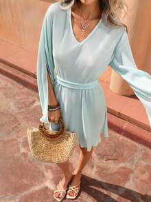 Selianne Women's Elegant Pleated V-Neck Cinched Waist Waist Split Hem Short Dress, Spring/Summer - Blue - View 1