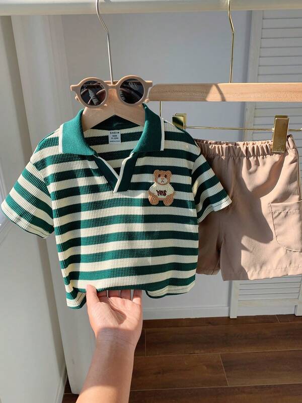 SHEIN 2pcs Baby Boy Cute Casual Summer Striped Cartoon Pattern Short Sleeve Polo Shirt And Elastic Waist Shorts Set, Suitable For Birthday Party, Rave, Evening Party, Performance, Wedding, Baby Shower, Christening, 1st Birthday Celebration, Wedding Guest, Baby Shower Christening Outfit