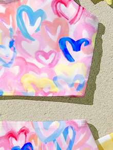 Neon Heart Print Sweet & Cute, Beach Vacation, Tween Girls Casual Minimalist Camisole & Triangle Bikini Swimsuit Set, Suitable For Summer Princess Chic, Little Stars, Tween Girl Swimwear, Vacay Romance - Multicolor - View 5