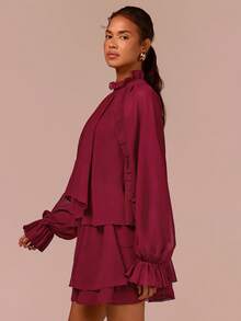 COSMINA 2pcs Women's Elegant Sheer Ruffle Hem Mini Dress Set, Suitable For Dates, Commuting, Parties, Wedding Guests, All Seasons - Burgundy - View 5