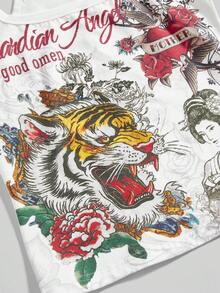 ROMWE Grunge Punk Y2K Retro Tiger Vine Faux Tattoo Print Tight Racerback Tank Top - White - View 4