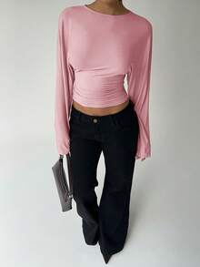 Aloruh Women's Autumn/Winter Bat Wing Long Sleeve Fitted T-Shirt - Pink - View 1