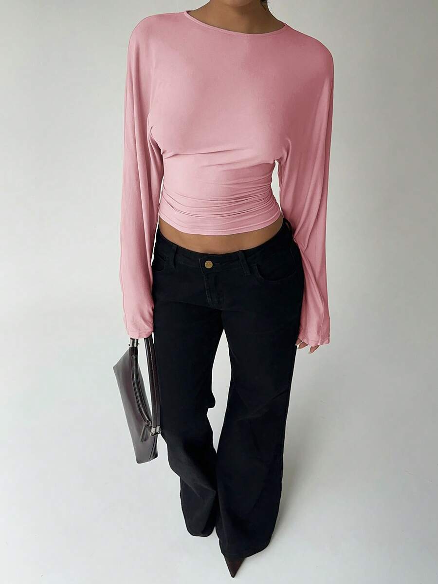 Aloruh Women's Autumn/Winter Bat Wing Long Sleeve Fitted T-Shirt - Pink - View 1