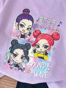 SHEIN 女婴休闲时尚街头卡通女孩乐队图案圆领短袖T恤和短裤套装，适合春夏穿着 - 彩色 - 查看 5