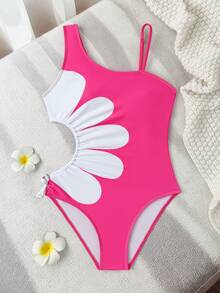 SHEIN 1pc Tween Girls Casual Side Hollow Design White Floral One-Piece Swimsuit - Hot Pink - View 3