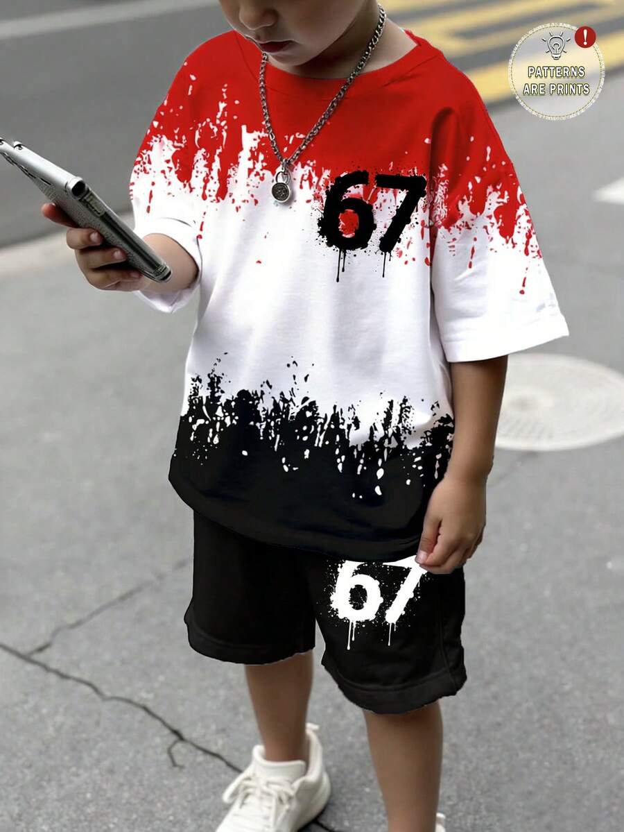 SHEIN 2件/套 男童休闲67数字印花短袖T恤,适合春夏穿着,4-7岁,柔软亲肤面料,醒目图案设计,时尚舒适 - 彩色 - 查看 1