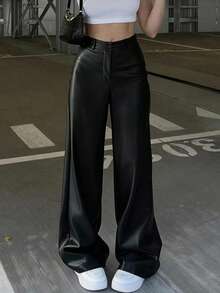 Dewbera 1件装女士黑色宽松仿皮裤，百搭时尚 - 彩色 - 查看 3