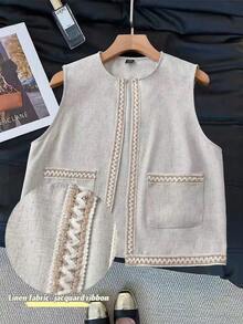 Lyxana Jaqueta feminina retrô sem mangas com alças e patchwork - Bege - Ver 1