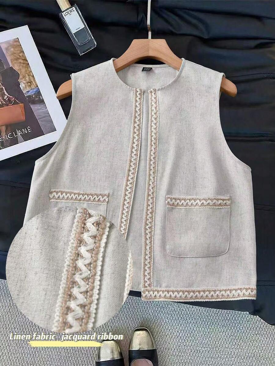 Lyxana Jaqueta feminina retrô sem mangas com alças e patchwork - Bege - Ver 1
