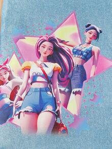 SHEIN 女童字母和卡通女孩印花圆领短袖连衣裙 - 藍色 - 查看 5