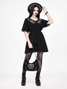 ROMWE Goth Women's Elegant Embroidered Short Sleeve Waist Cinched Mini Dress - Black - View 1