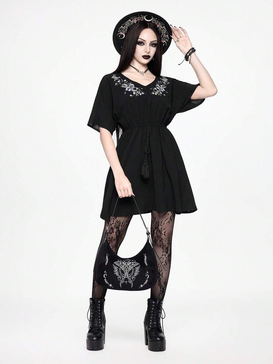 ROMWE Goth Women's Elegant Embroidered Short Sleeve Waist Cinched Mini Dress - Black - View 1