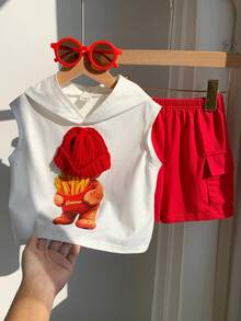 SHEIN 2件套婴儿/男婴可爱小熊图案无袖针织上衣T恤和红色工装短裤，春夏男婴服装，套装，街头服饰 - 酒紅色 - 查看 6