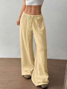 FavEase 2026新款柔软棉纱休闲宽松直筒裤，低腰纯色休闲裤，浅黄色阔腿裤，女士沙滩裤，女士夏季裤，波西米亚风裤，宽松裤，阔腿裤，高腰裤 - 黃色 - 查看 4