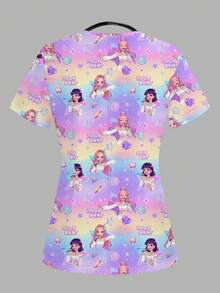 TaskEZ Women's Scrub Uniform Top With Girl Group & Starry Sky Print - Multicolor - View 2