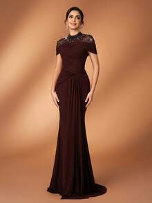 Serin 优雅奢华的菱形图案薄纱拼接弹力针织褶皱袖鱼尾裙，适合婚礼、派对、度假、舞会、新娘母亲晚礼服 - 酒紅色 - 查看 7