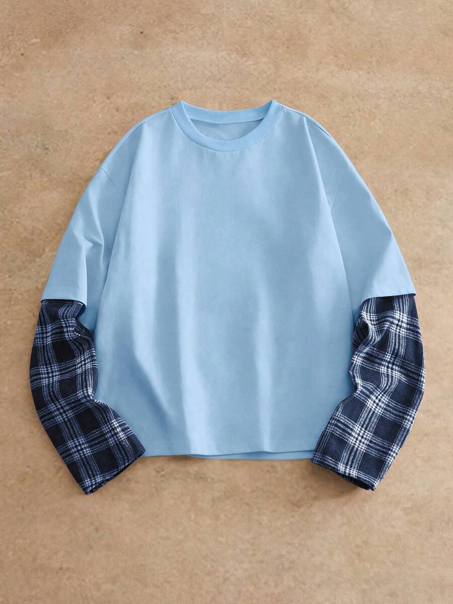 HIMLAND 男士休闲通勤街头格子印花T恤 - 天藍色 - 查看 1