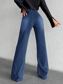 ZIRRA 女式休闲水洗高腰阔腿牛仔裤 - 深色水洗藍 - 查看 2