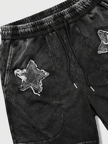 ROMWE MEN Essentials Men's Pentagram Patch Drawstring Waist Pocket Shorts - Black - View 3