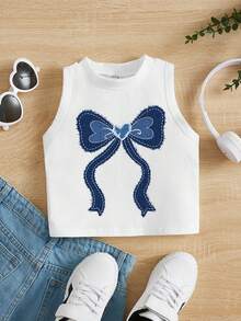 SHEIN Happikins Young Girl Casual Minimalist Cartoon Bow Pattern Sleeveless Round Neck Tank Top, Suitable For Summer - Multicolor - View 2