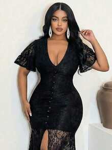 Maweii Vestido mini de mujer talla grande con mangas de volantes de malla transparente sexy, vestido elegante de fiesta de vacaciones con escote en V y abertura frontal - Negro - Ver 6